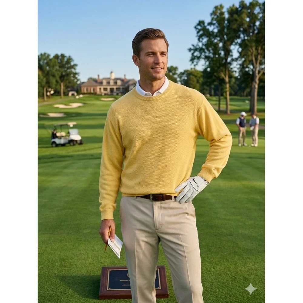 Greg Norman Mens XXL‎ Yellow Cotton Crewneck Golf Sweater V-Stitch Shark Logo